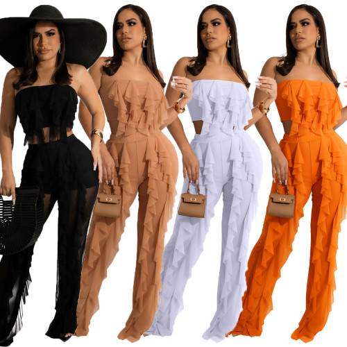 Summer Sexy Mesh Sheer Two Piece Suit Women Long Sleeve Fashion Ruffles Crop Tops+Tassel Pants Set Beach Sunscreen Matching Sets