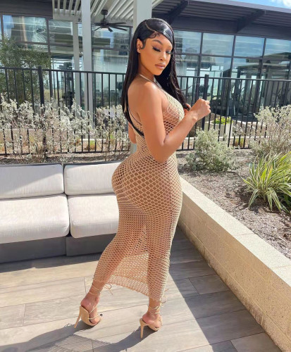 Summer Beach Wear Long Dress Women 2022 Sexy Sheer Mesh One Shoulder Cut Out Bodycon See Through Party Dress Cover Robe Femme