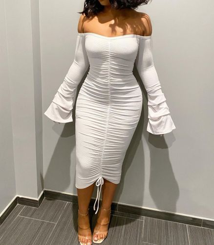 Women Autumn Winter Bandage Dresses Elegant Mini Dress Fashion Drawstring Ruched Long Flared Sleeves Sexy White Bodycon Dresses