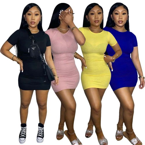 Summer Casual Basic Rib Bodycon Dress Solid Short Sleeves Elegant Mini Dresses Sexy Evening y2k Party Skirt Women Vestido Female
