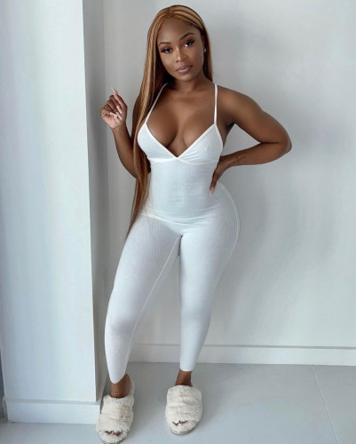 Casual Strap Women Long Jumpsuits Summer Slim Sexy Backless Ribbed Knitted  Jumpsuits One Piece Solid Outfit Rompers