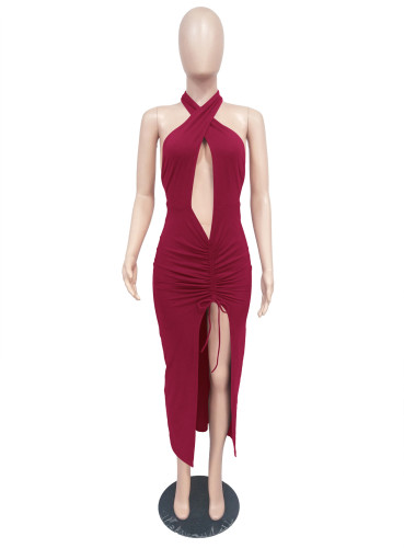 Sexy halter neck open back slit Women Long Mini Dress Elegant Hollow Out Sexy Bodycon Dresses birthday dress for women sexy