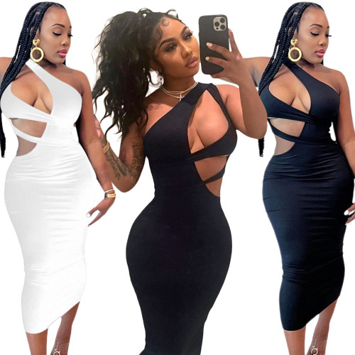 Women Hollow  Black Dress Off Shoulder Single Strap Nightclub Sexy Dress Fashion Mini Bodycon Midnight Party Club Skinny Outfits