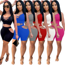Sexy Mesh Two Piece Set Women Solid Color Fashion Bandage Summer Outfits For Women 2022 Hollow Night Club Party Outfits Suit