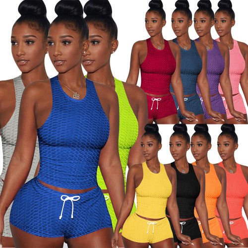 Summer Women Two Piece Sets Round Neck Leisure Solid Color Sleeveless Bubble Yoga Shorts Sets Sports Clothes For Women