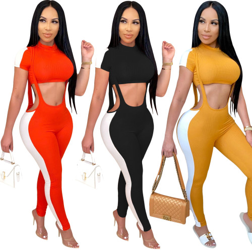 Wholesale Items For Business Womens Two Peice Sets Sexy Suspenders Stitching Tops And High Waist Stretchy Leggings Club Outfits
