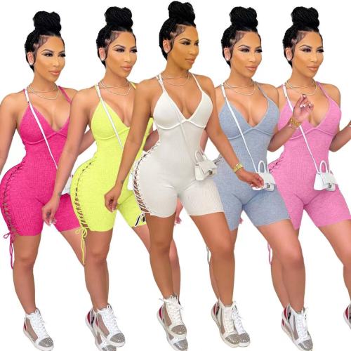 Women Lace Up Hollow Out Ribbed Bodycon Playsuit Active Fashion Elastic Romper Basic Yoga One Piece Overall Outfits