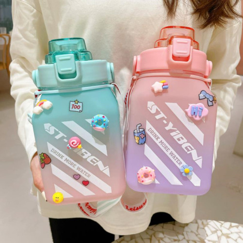 1.5L Creative Candy Jar Square Plastic Water Bottle With Straw Large Capacity Gradient Color Student Portable Outdoor Water Cups