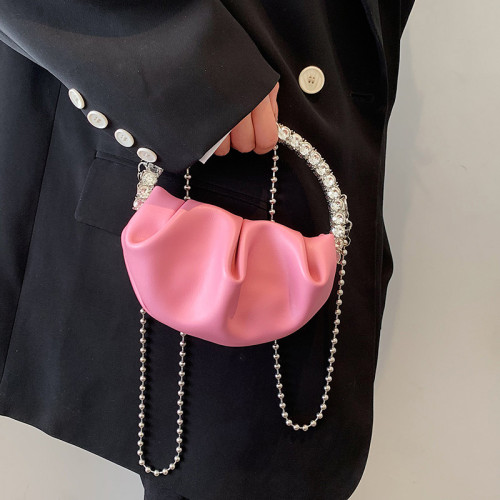 Designer Women Fold Handbag Pink PU Leather Round Cloud Bag Chain Shoulder Bags Crystal Crossbody Bag Small Totes Prom Clutch
