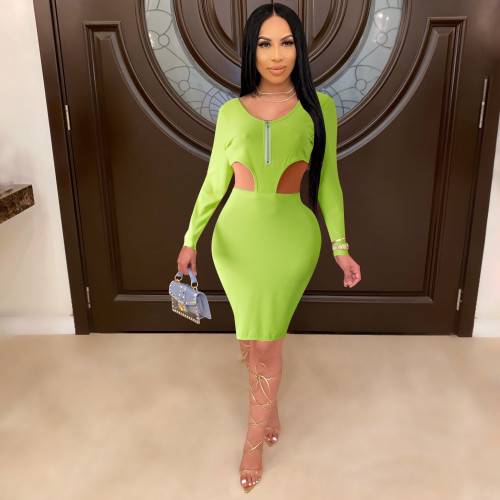 Elegant Solid Knitted Rib Midi Dress Fall Clothes for Women Sexy Zipper Cut Out O Neck Long Sleeve Slit Bodycon Club Party Dress
