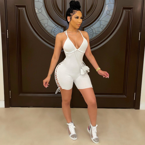 Sexy Sportswear Knit Rib Playsuit Summer Sexy Sling V Neck Slit Grommet Lace Up Shorts Bodycon Jumpsuit Women Romper Clothing