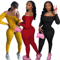 Elegant Off the Shoulder Knit Rib Patchwork Jumpsuit Women Sexy Slash Neck Long Sleeve Leggings Club Romper Overalls One Piece