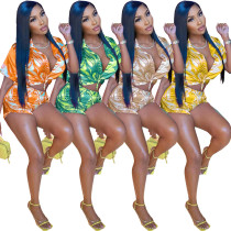 Summer Print Lace Up Short Tracksuit Women Casual Lace Up Shirt Crop Rop + Shorts Slim Club Party 2 Piece Set Rave Outfits