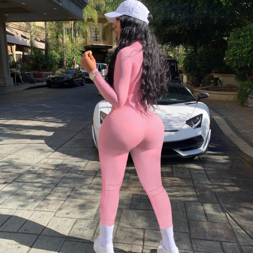Casual Sportswear Fitness Knit Rib Grey Black Pink Rompers Womens Jumpsuit Sexy Zipper Turtleneck Body Jumpsuit Overall Clothes