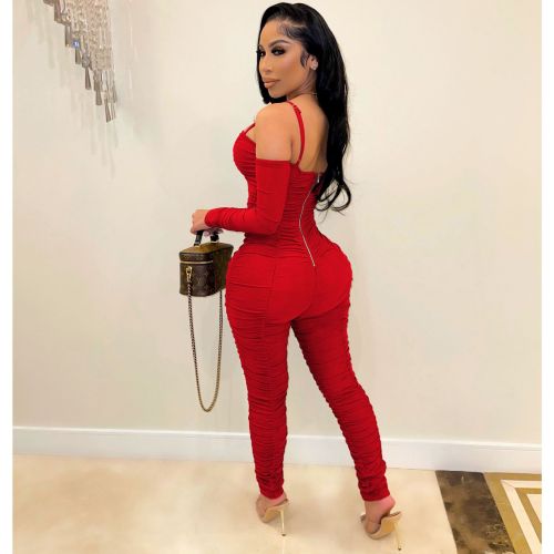 Elegant Off the Shoulder Sling Ruched Jumpsuit Women Sexy Long Sleeve Stacked Pants Body Club Party Playsuit Romper Overalls