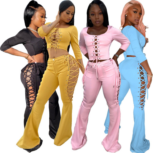 Women's Square Neck Grommet Strap Lace Up Solid Tracksuit Women Sexy Slit Bandage Flare Pants Slim Two Piece Set Outfits Jogging