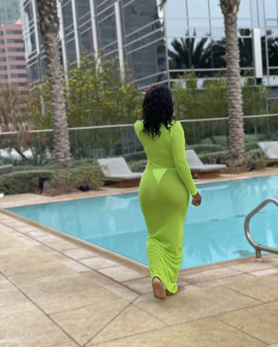 Sexy Sheer Mesh Solid Beach Wear Long Dress for Women Turn-down Collar Long Sleeve Button See Through Club wear Party Dress Robe