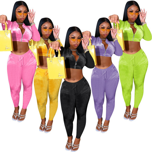Velvet Tracksuit Fall Clothes for Women Casual Sports Fitness Zipper Long Sleeve Crop Top + Pants Two Piece Set Jogging Femme