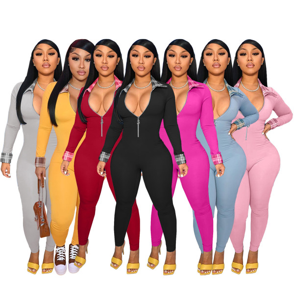Elegant Grid Print Neckline Solid Jumpsuit Women Overalls Sexy Zipper V Neck Long Sleeve Leggings Club Rompers Womens Jumpsuit