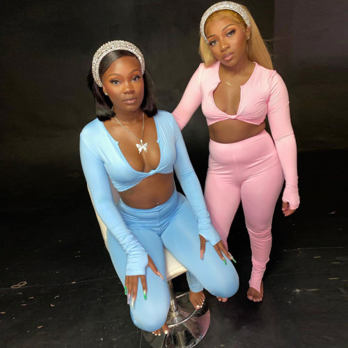 Fitness Solid Twist Tracksuit Women Sexy Twist V Neck Long Sleeve Crop Top with Leggings Bodycon Two Piece Set Outfits for Women