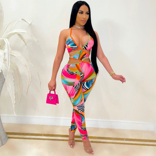 Fashion Printed Jumpsuit for Women Sexy Cutout Backless Halter Bodycon One Piece Outfit Clubwear Fall 2021 D91-CD24