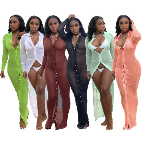 Sexy Sheer Mesh Solid Beach Wear Long Dress for Women Turn-down Collar Long Sleeve Button See Through Club wear Party Dress Robe