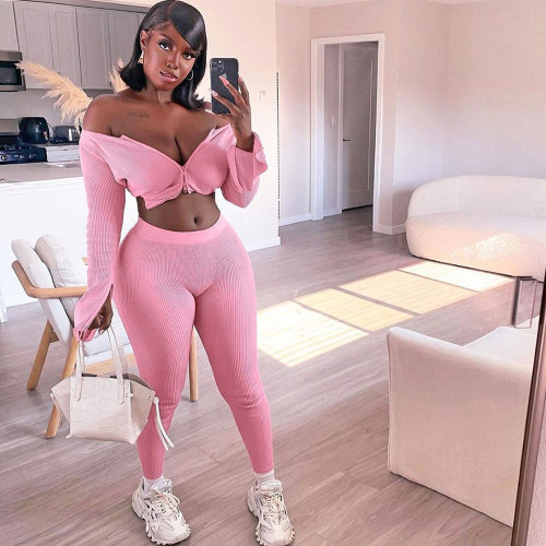 Ribbed Knitted Double Zipper Two Piece Set Women Club Outfits Fall Clothes Elastic Crop Top Leggings Matching Sets Chandal Mujer