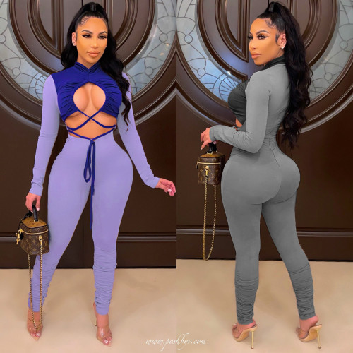 Color Block Patchwork Jumpsuit Women Sexy Cut Out Ruched Lace Up Long Sleeve Leggings Bodysuit Romper Club Overalls Xmas Clothes