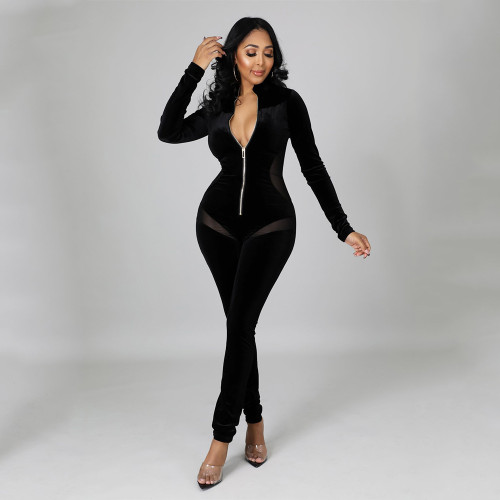 Elegant Velvet Patchwork Sheer Mesh Solid Jumpsuit Women Sexy Zipper V Neck Long Sleeve Leggings Bodysuit Romper Xmas Overalls