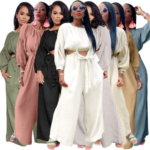 Design Long Sleeve Crop Top Wide Leg Pants Two Piece Set Strap Jumpsuit Casual Fashion Matching Set Party Outfits