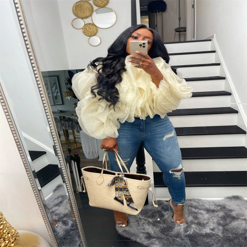 Women Cascading Petal Sexy Streetwear Chiffon Blouse Top 2022 Summer Elegant Shirt