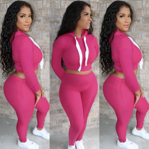 Solid Fashion Long Sleeve Short Hoodies Top and Legging Pants Two Piece Set Autumn Winter Jogger Suit Tracksuit Women