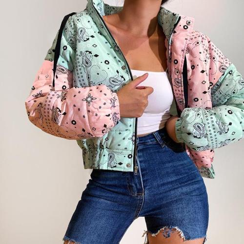 Stitching Contrast Print Stand Collar Hooded Zipper Cotton Jacket Women Long Sleeve Patchwork Thicken Warm Down Cotton Coats