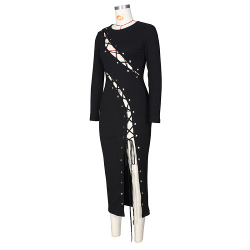 Color Patchwork Grommet Lace Up Ribbed Dress for Women Highly Stretchy Fashion Sexy Long Sleeve Bodycon Maxi Club Outfit