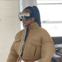 Gray Mesh Plaid Autumn Spring Coat Women Trend Turtleneck Zipper Pocket Crop Jacket Solid Slim Drawstring 2021 Female Outerwear