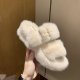 Winter Women Fur Slippers Platform Wedge Heel Indoor Non Slip Rubber Sole Slides Buckle Decoration Fashion Girl Shoes Ladies