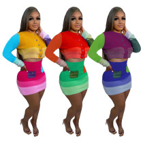 Rainbow Color Patchwork Knitted Two Piece Set Dress Women Single Breasted Long Sleeve Crop Tops Pockets Mini Skirts Suit