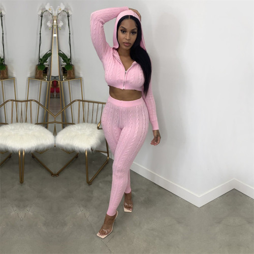 Women Solid Sweater Two Piece Set Zipper Long Sleeve Hooded Sweatshirts Crop Tops Skinny Pencil Pants Knitted Tracksuit