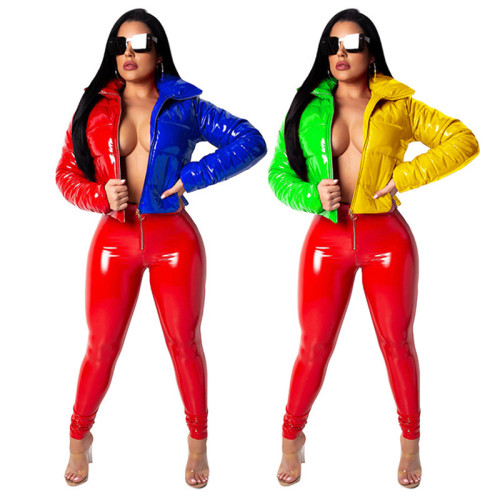 2022 Winter Women Color Patchwork PU Leather Cotton Padded Coat Bright Zipper Long Sleeve Short Down Jacket Outerwear