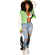 Fashion Button Checker Print Hip Hop Retro Baseball Jacket Stand Collar Long Sleeve Zipper Autumn Coat for Women College Style