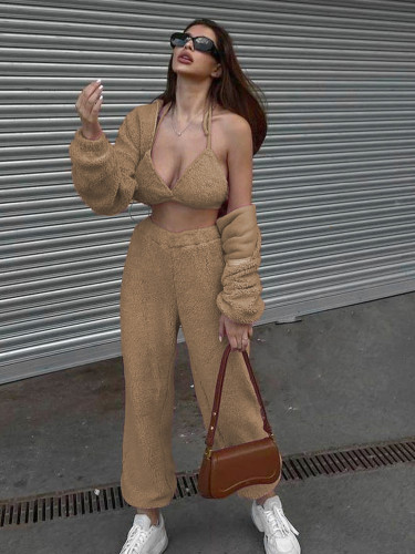 Rockmore Three Piece Set Winter Furry Teddy Bra Jackets Joggers Matching Outfits Women Casual Coat Sweatpants Autumn Tracksuit