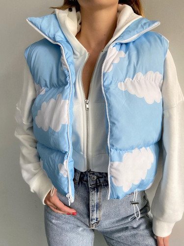Cloud Print Double-sided Wearable Jacket Vest Women Casual Stand Collar Slim Hipster Coat Streetwear Female Clothing