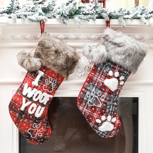 Christmas Stocking Decorations Fur Collar with Ball Plaid Printing Letter/Dog Paw Seeds Pendant