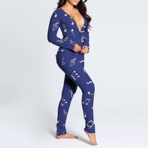 Musical Note Printed Women Onesie Pajamas Button-down Bodycon Jumpsuit Nightwear Buttoned Butt Flap Sleepwear Combinaison Femme