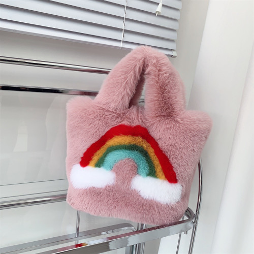 2023 autumn and winter new cute rainbow plush bag ladies fashion portable furry bag large capacity tote bag bolsa