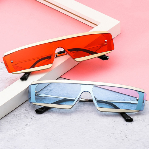 Fashion Rectangle One Piece Sunglasses Women Vintage Semi-Rimless Clear Ocean Lens Eyewear Men Metal Sun Glasses Shades