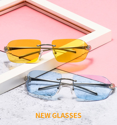 Vintage Unique Cheetah Sunglasses Women Rimless Clear Ocean Lens Eyewear Brand Designer Men Sun Glasses Shades UV400