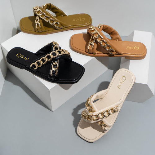 Chain sandals,, feminine, outdoor sexy casual open toe square head slippers, low heel, set feet