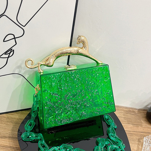 Acrylic Box Handbags for Women Metal Leoapard Handle Lock Chain Shoulder Bag Luxury Designer Purses Transparent Crack Print Bag