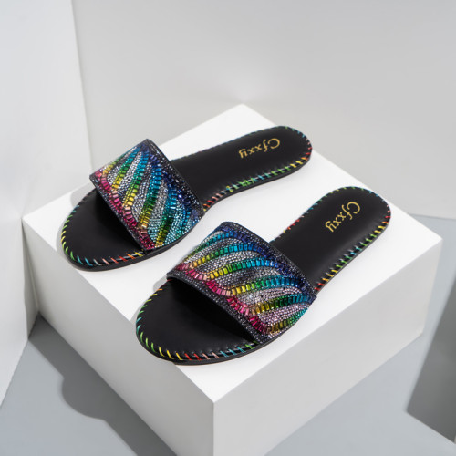 Women's slippers 2023 summer new colorful crystals rhinestone flat slippers home outdoor casual women's shoes